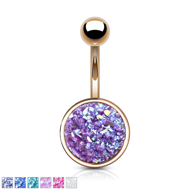 thumbnail image 2 of 14g Rose Gold Plated Navel Ring – Surgical Steel Belly Bar With Druzy Stone, 10mm 2 of 5